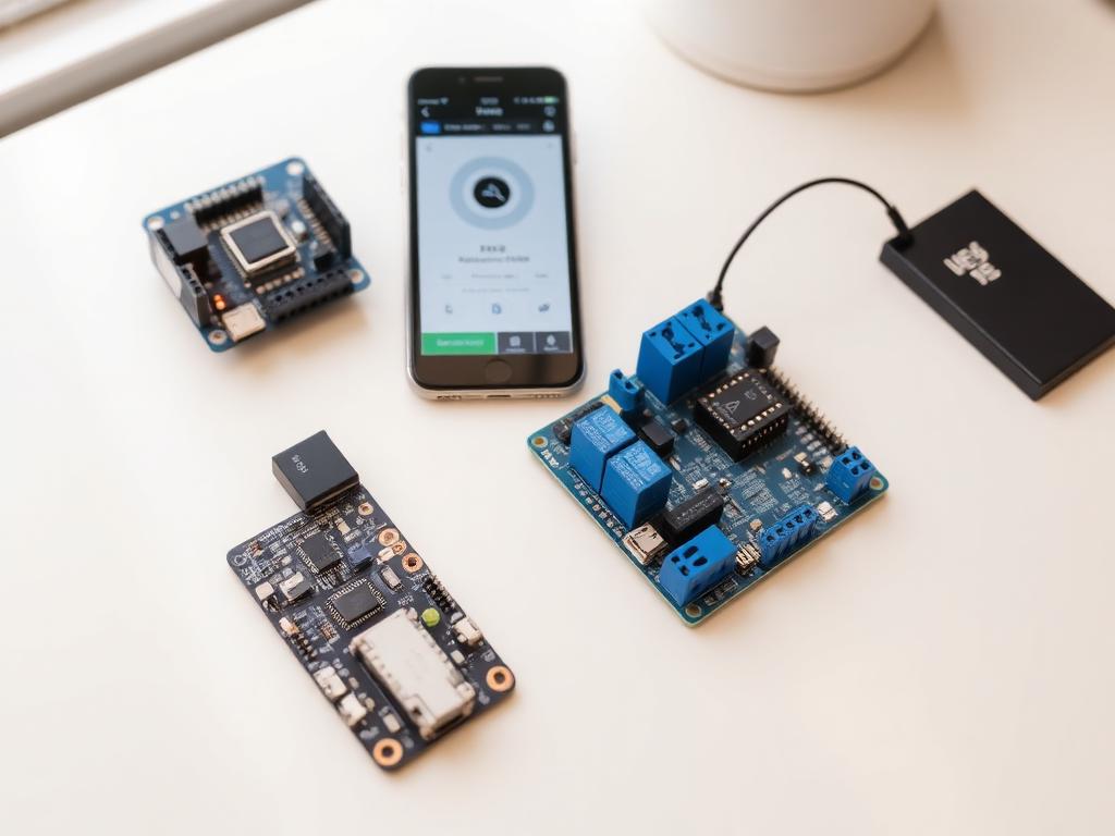 ESP32 and NodeMCU boards with relay module and smartphone app